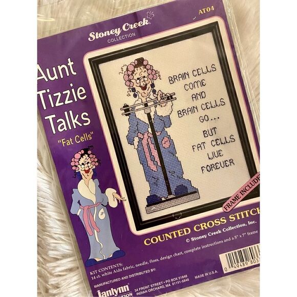 NEW Janlynn Aunt Tizzie Talks “Fat Cells” 5X7 Counted Cross Stitch Kit - Picture 7 of 8